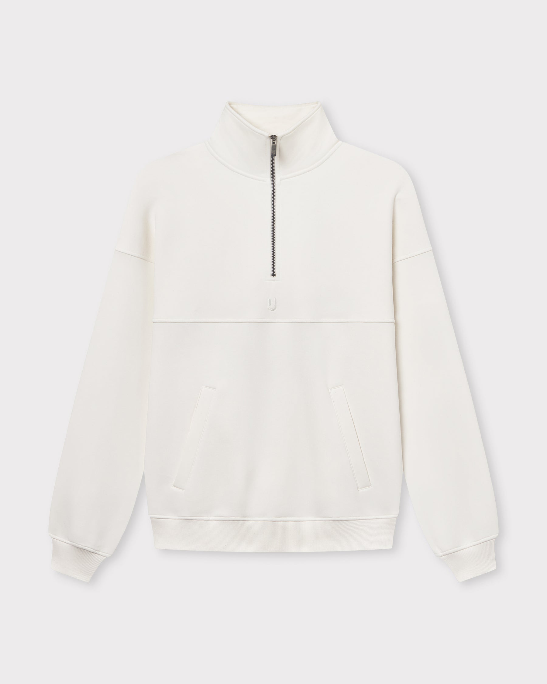 Cremeweißer Unisex-Halb-Zip-Sweatshirt 'Cooper' mit hohem Kragen und zwei Taschen