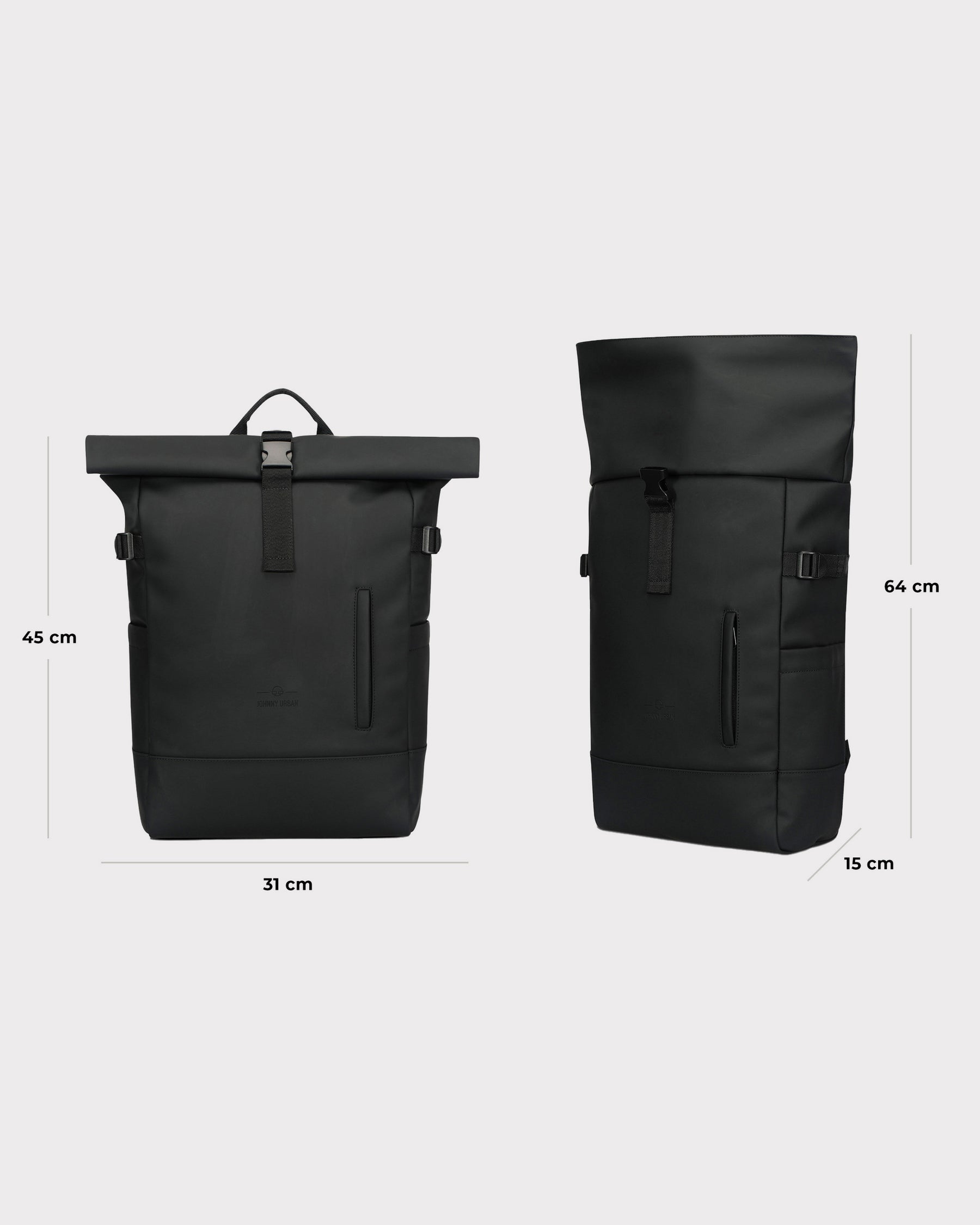 Schwarzer Johnny Urban Rolltop Rucksack 'Harvey Large' aus Leder mit Maßen 45x31x15 cm, 64 cm offen