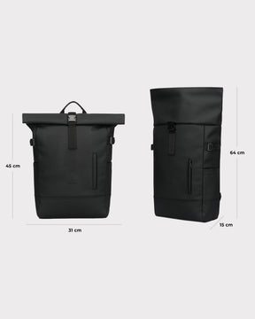 Schwarzer Johnny Urban Rolltop Rucksack 'Harvey Large' aus Leder mit Maßen 45x31x15 cm, 64 cm offen