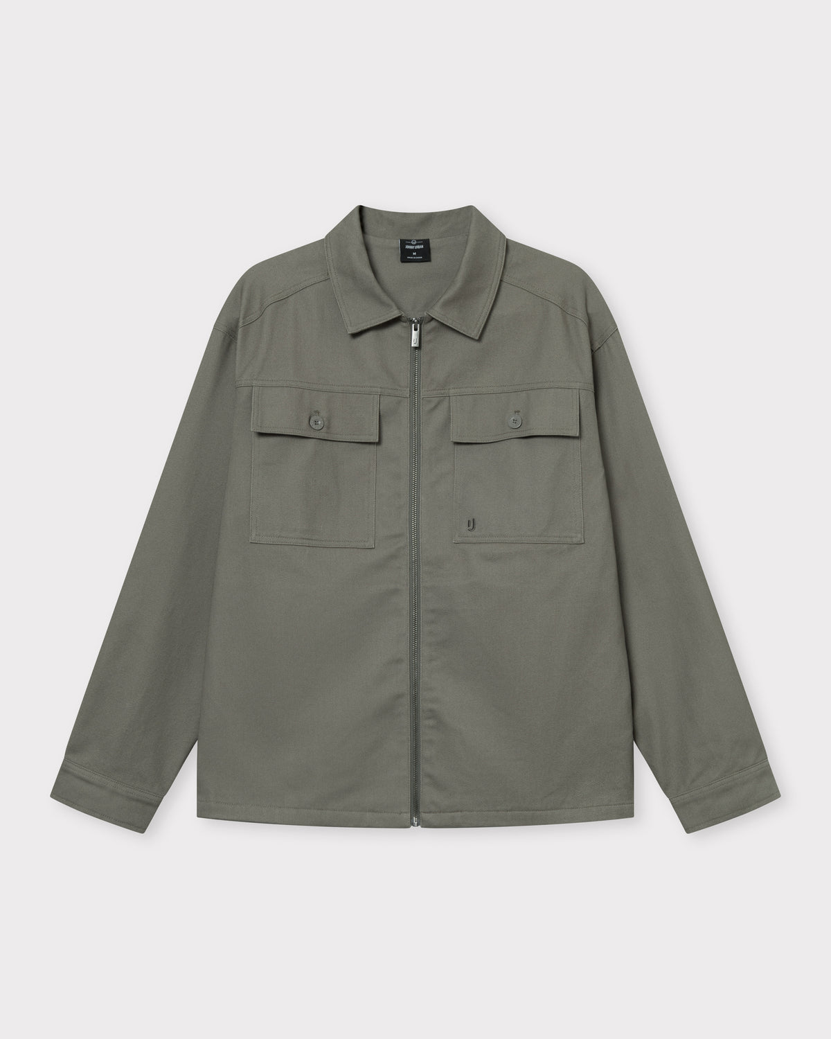 Overshirt 'Cameron' in olivgrauer Farbe mit Reißverschluss und zwei Brusttaschen mit Klappen und Knöpfen