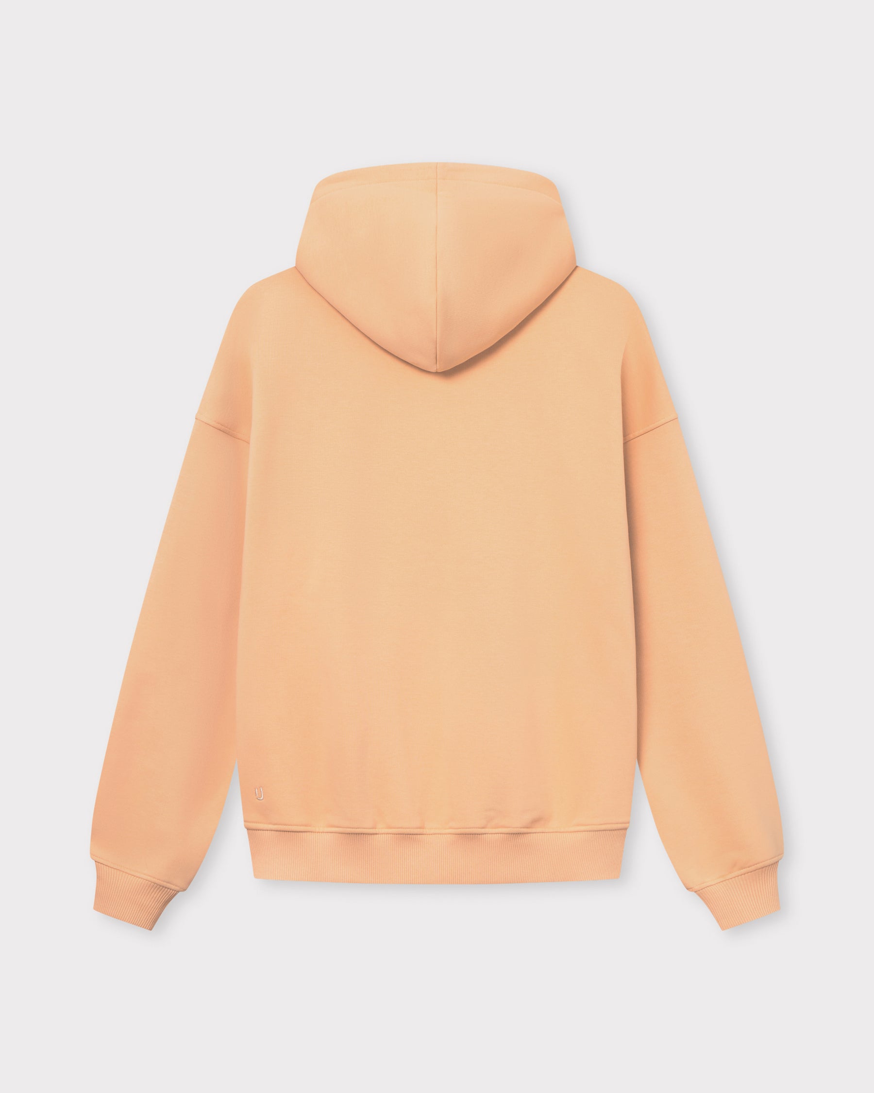 Oversized Hoodie 'Cody' in Pfirsichfarbe mit Kapuze, Rückseite sichtbar, gerippte Bündchen und Saum