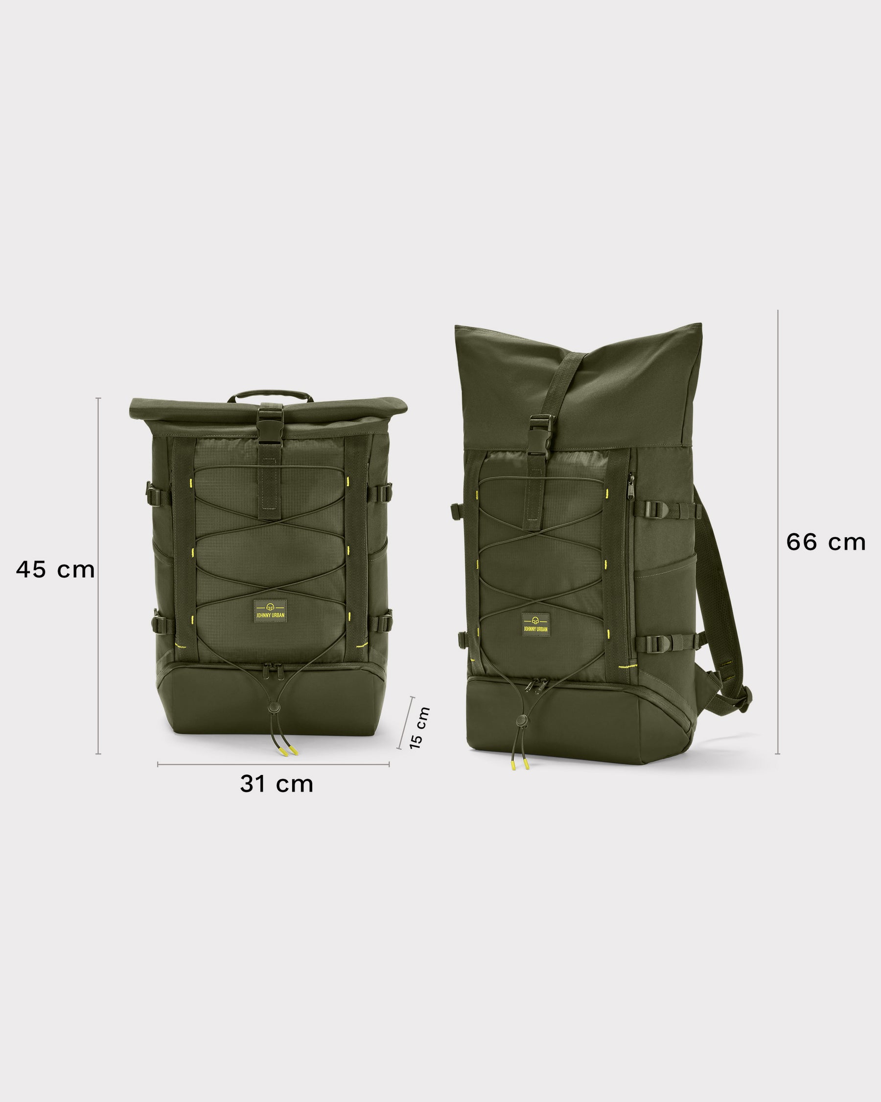 Grüner Johnny Urban Rolltop Rucksack 'Allen Large Move' in zwei Größenansichten mit Maßen