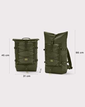 Grüner Johnny Urban Rolltop Rucksack 'Allen Large Move' in zwei Größenansichten mit Maßen