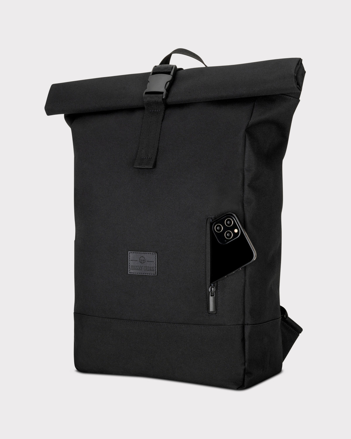 Schwarzer Rolltop Rucksack Robin Large aus robustem Material mit vorderer Reißverschlusstasche und Smartphone