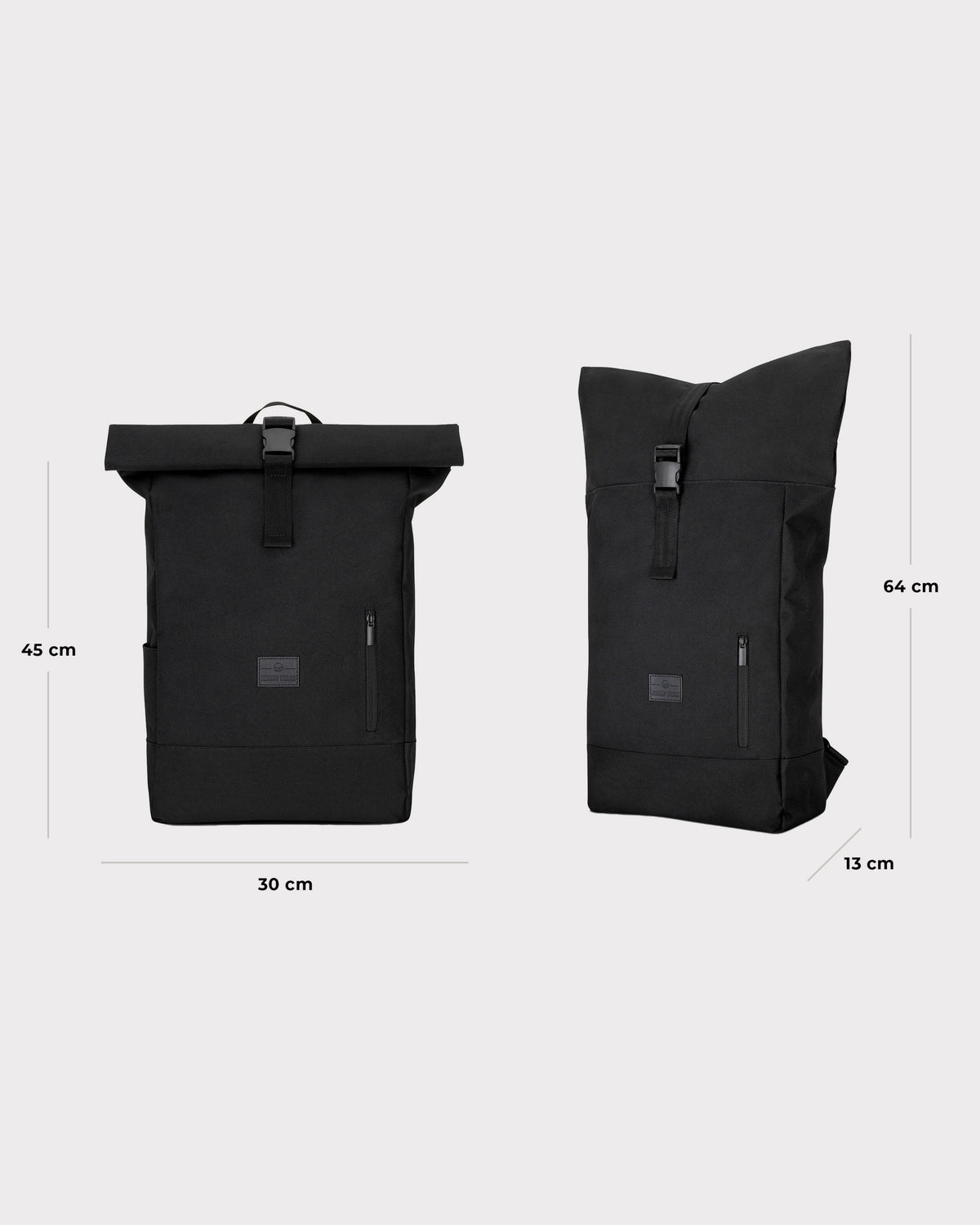Schwarzer Rolltop Rucksack 'Robin Large' von Johnny Urban, Maße 30x45x13 cm geschlossen und 30x64x13 cm geöffnet