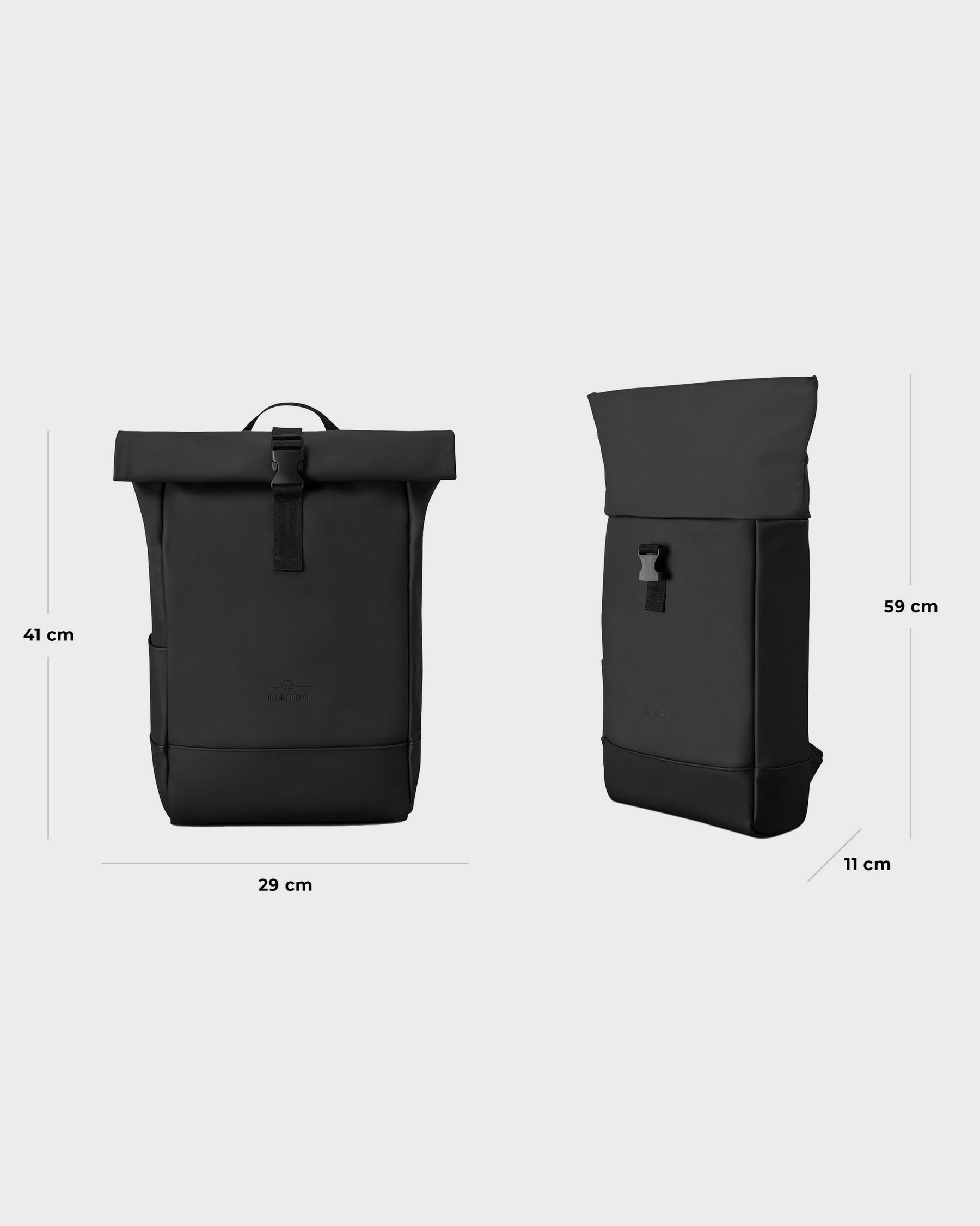Schwarzer Rolltop-Rucksack 'Harvey Medium' von Johnny Urban, Maße 41x29x11 cm, Front- und Seitenansicht
