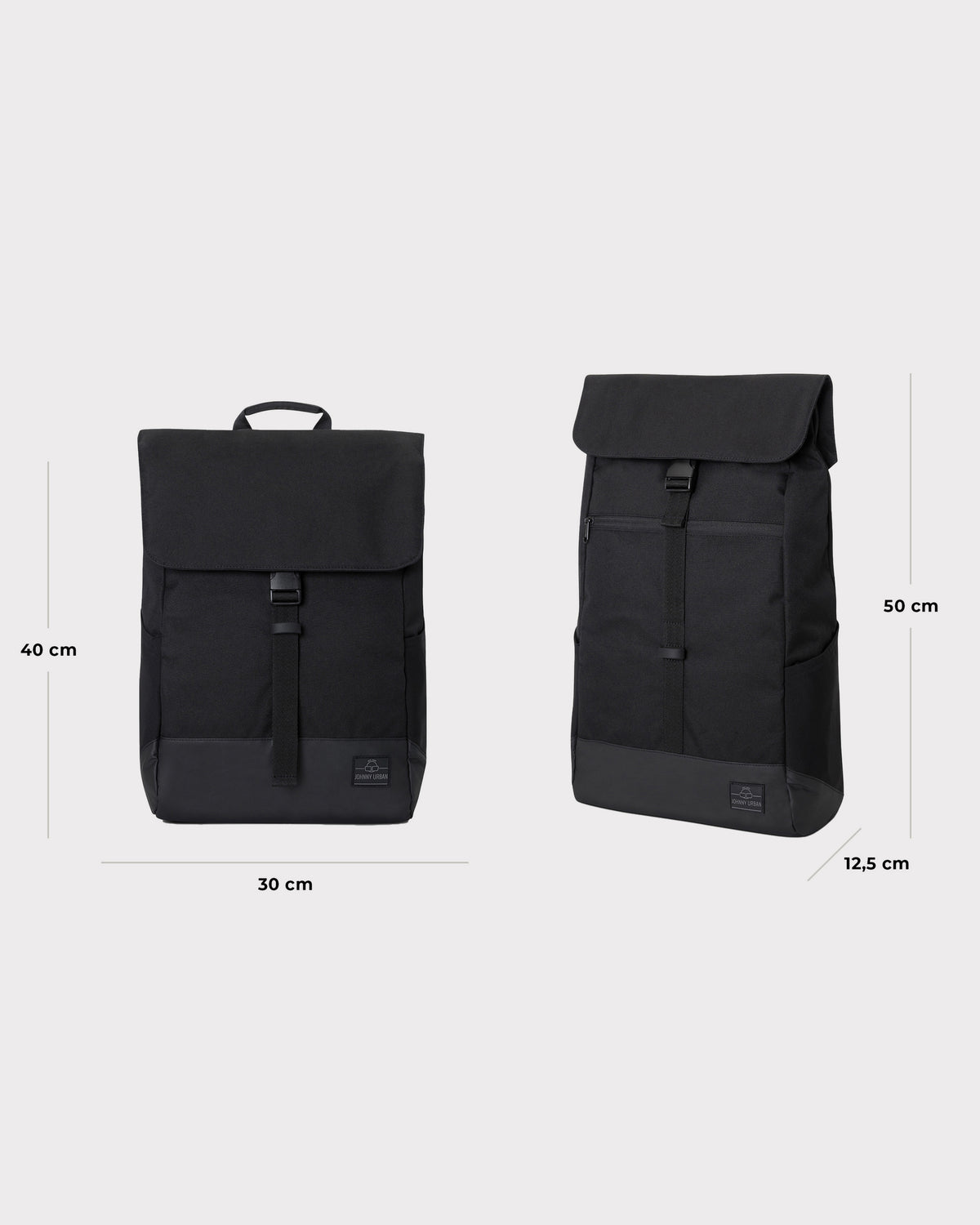 Schwarzer Johnny Urban Rucksack 'Mika' mit Klappe und Verschluss, Maße 30x40x12,5 cm und 30x50x12,5 cm