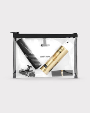 Transparente Kulturtasche 'Logan' von Johnny Urban mit schwarzem Reißverschluss, gefüllt mit Kamm, Haarklammern, Haarspray und Lippenstift