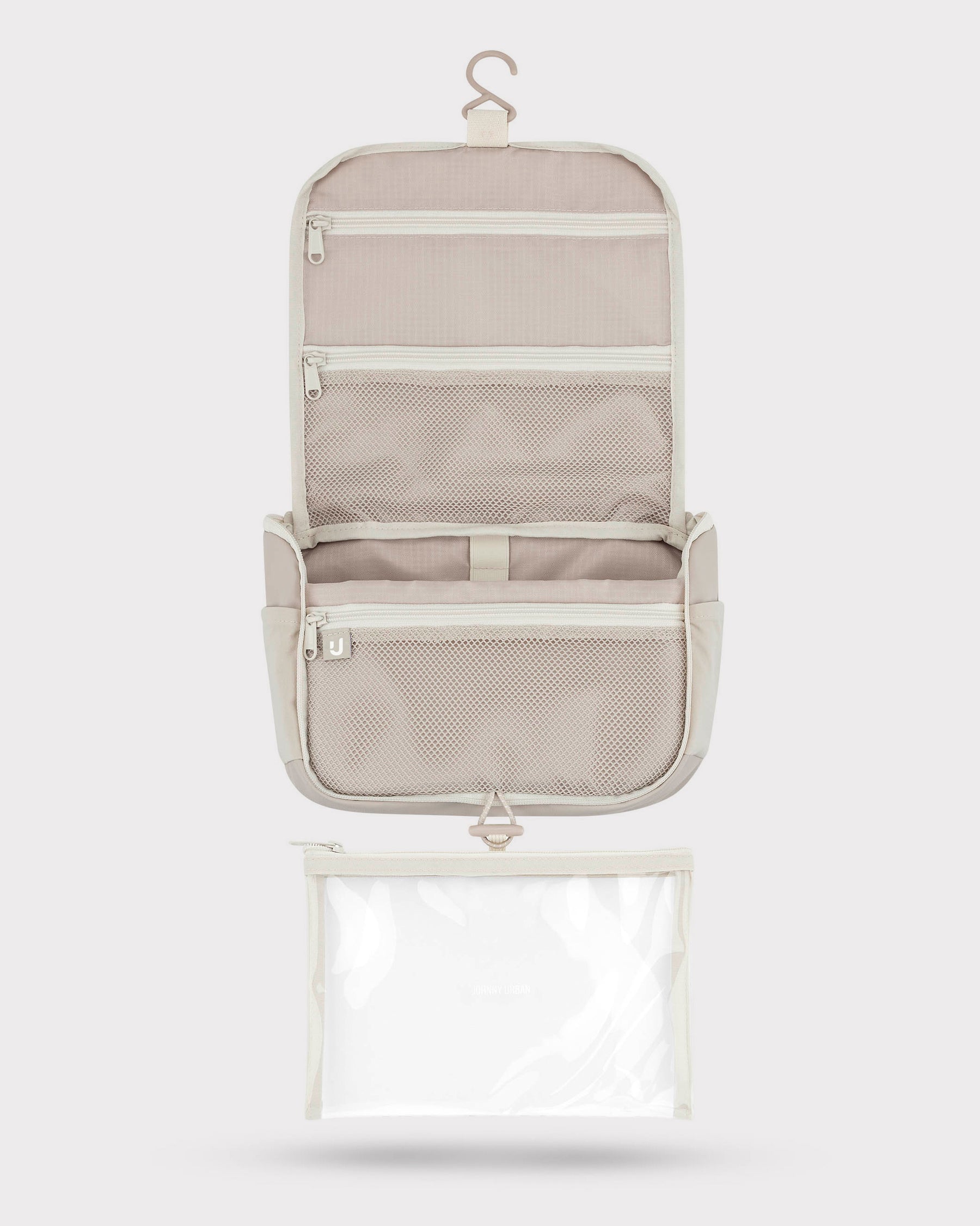 Beige Kulturtasche 'Logan' mit mehreren Reißverschlussfächern und abnehmbarem, transparentem Etui