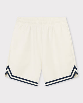 Cremefarbene Herren-Shorts aus dem Set 'Parker' mit elastischem Bund und dunkelblauen Zierstreifen am Saum