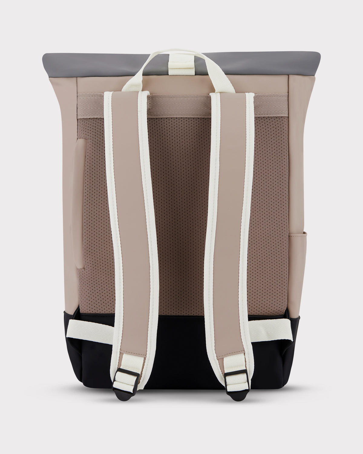 Rolltop Rucksack Harvey Medium in Beige und Grau, Rückseite mit gepolsterten Schultergurten und Tragegriff