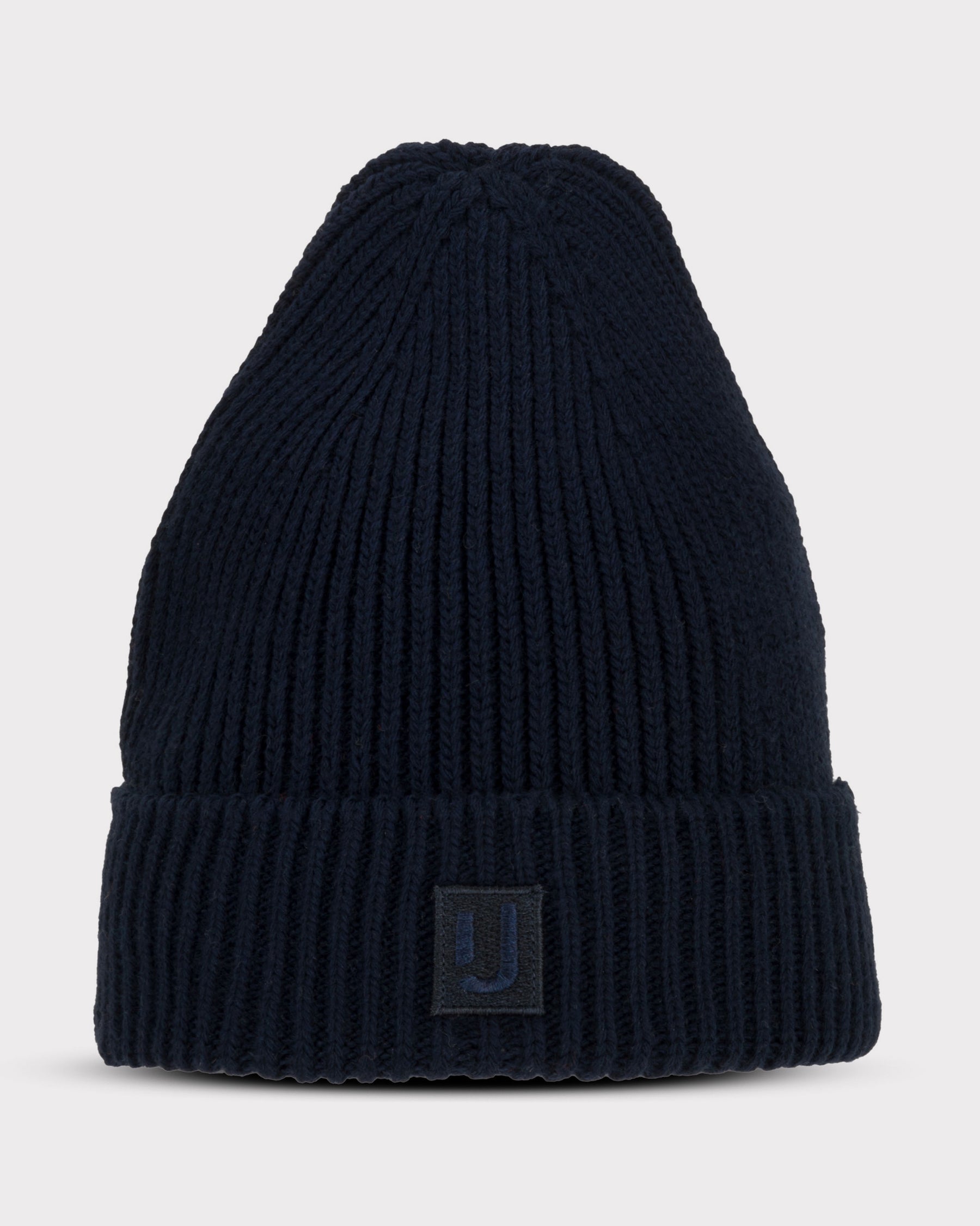 Dunkelblaue, gerippte Strickmütze 'Billie' von Johnny Urban mit Umschlag und kleinem Logo-Patch vorne