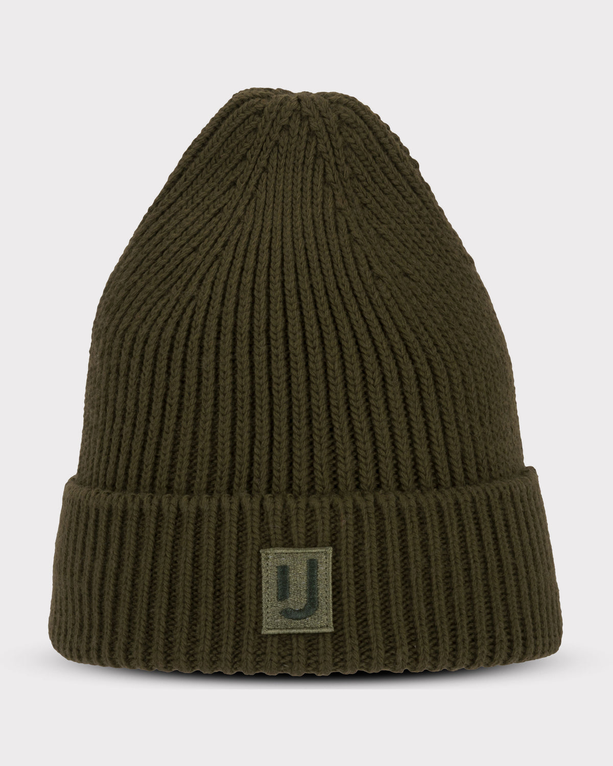Dunkelgrüne, grob gestrickte Beanie-Mütze 'Billie' von Johnny Urban mit aufgenähtem Logoetikett