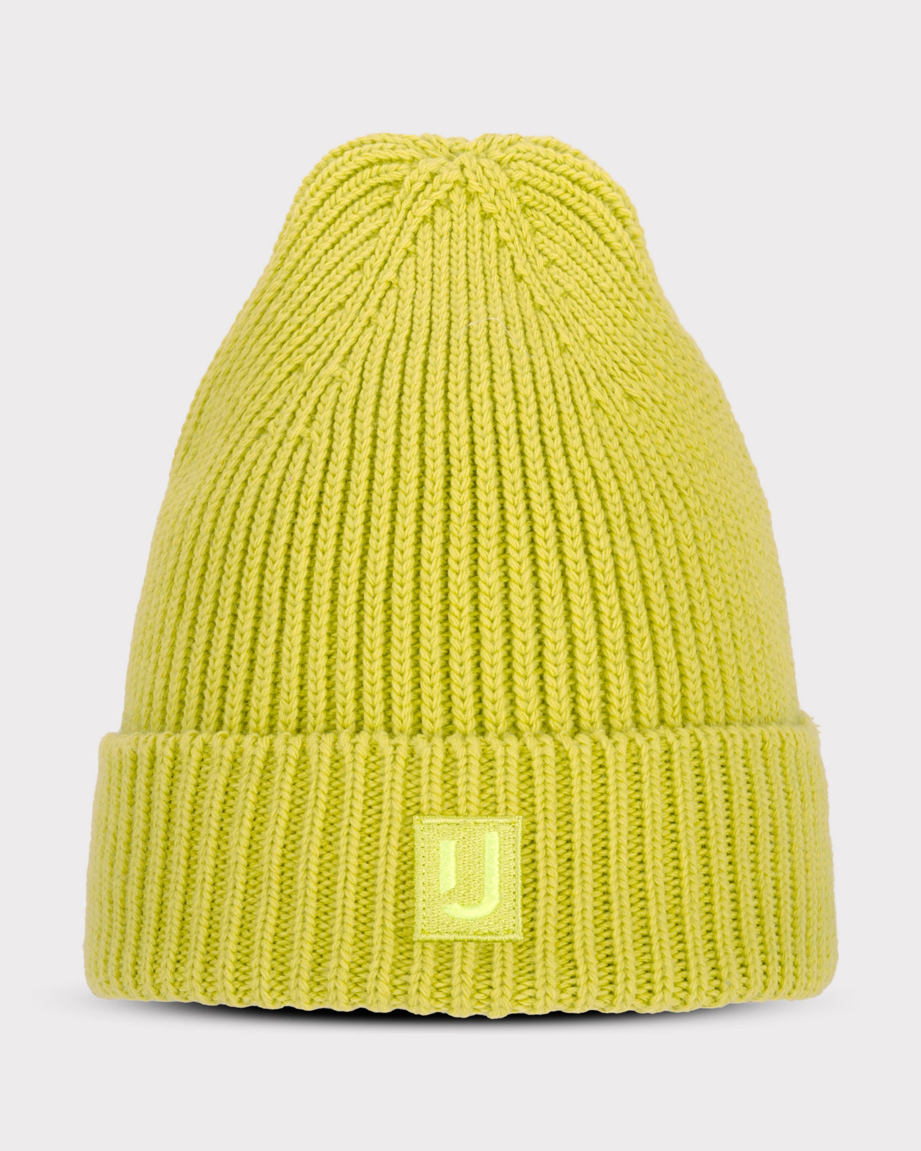 Gestrickte limefarbene Beanie-Mütze 'Billie' von Johnny Urban mit gefaltetem Saum und gewebtem Logo