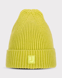 Gestrickte limefarbene Beanie-Mütze 'Billie' von Johnny Urban mit gefaltetem Saum und gewebtem Logo