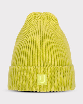 Gestrickte limefarbene Beanie-Mütze 'Billie' von Johnny Urban mit gefaltetem Saum und gewebtem Logo