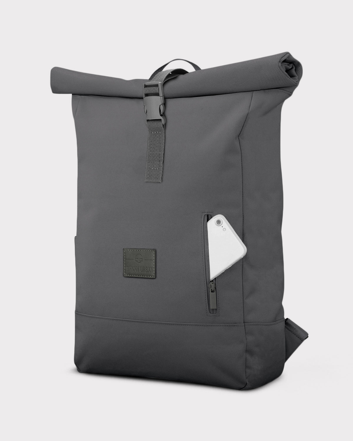 Dunkelgrauer nachhaltiger Rolltop Rucksack 'Robin Large' mit Reißverschlusstasche und Handy