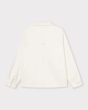 Rückansicht des cremefarbenen Overshirts 'Cameron' mit langem Arm, Kragen und Knopfmanschetten