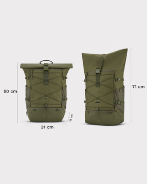 Olivefarbener Reiserucksack Allen Large Travel von Johnny Urban mit Maßen 50x31x18 cm und ausgezogen 71 cm hoch