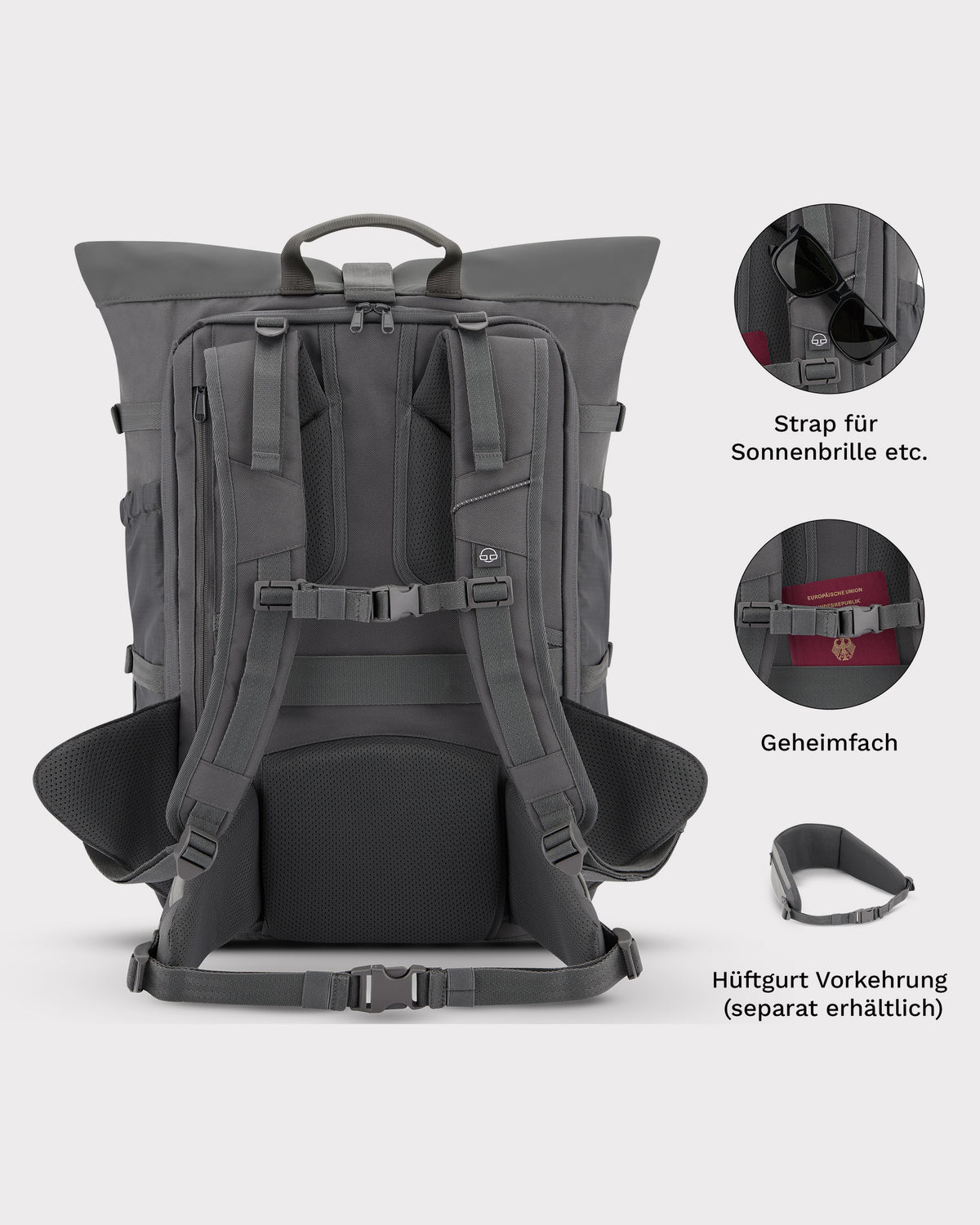 Rückansicht des grauen Reiserucksacks 'Allen Large Travel' mit gepolsterten Schultergurten, Sonnenbrillenhalter, Geheimfach und separatem Hüftgurt