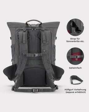 Rückansicht des grauen Reiserucksacks 'Allen Large Travel' mit gepolsterten Schultergurten, Sonnenbrillenhalter, Geheimfach und separatem Hüftgurt