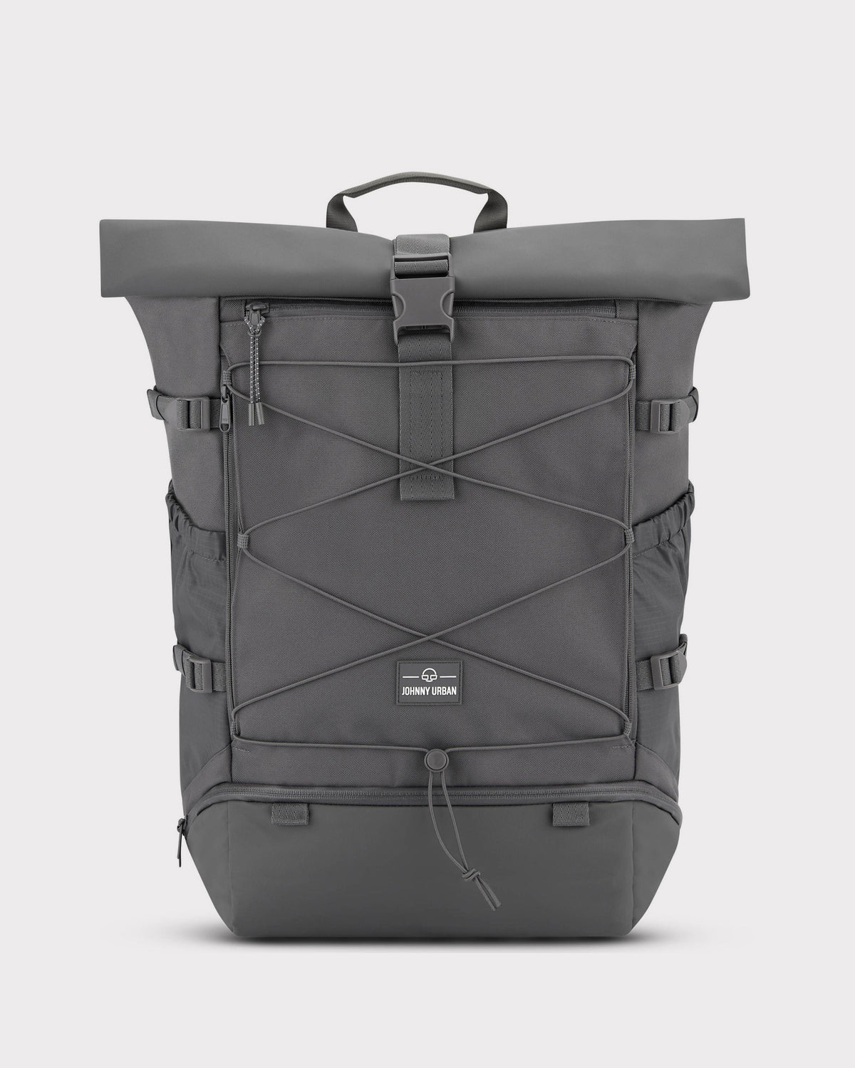 Dunkelgrauer Reiserucksack 'Allen Large Travel' von Johnny Urban mit Rollverschluss, Frontfach und elastischem Kordelnetz
