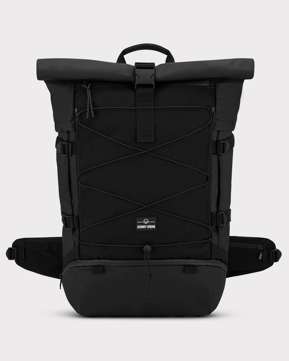 Schwarzer Johnny Urban Reiserucksack Allen XL Travel mit Rolltop und elastischem Netz an der Vorderseite