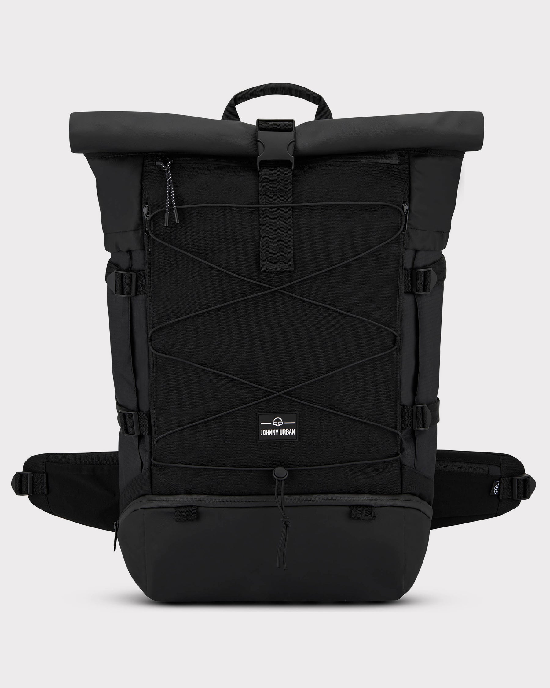 Schwarzer Johnny Urban Reiserucksack Allen XL Travel mit Rolltop und elastischem Netz an der Vorderseite