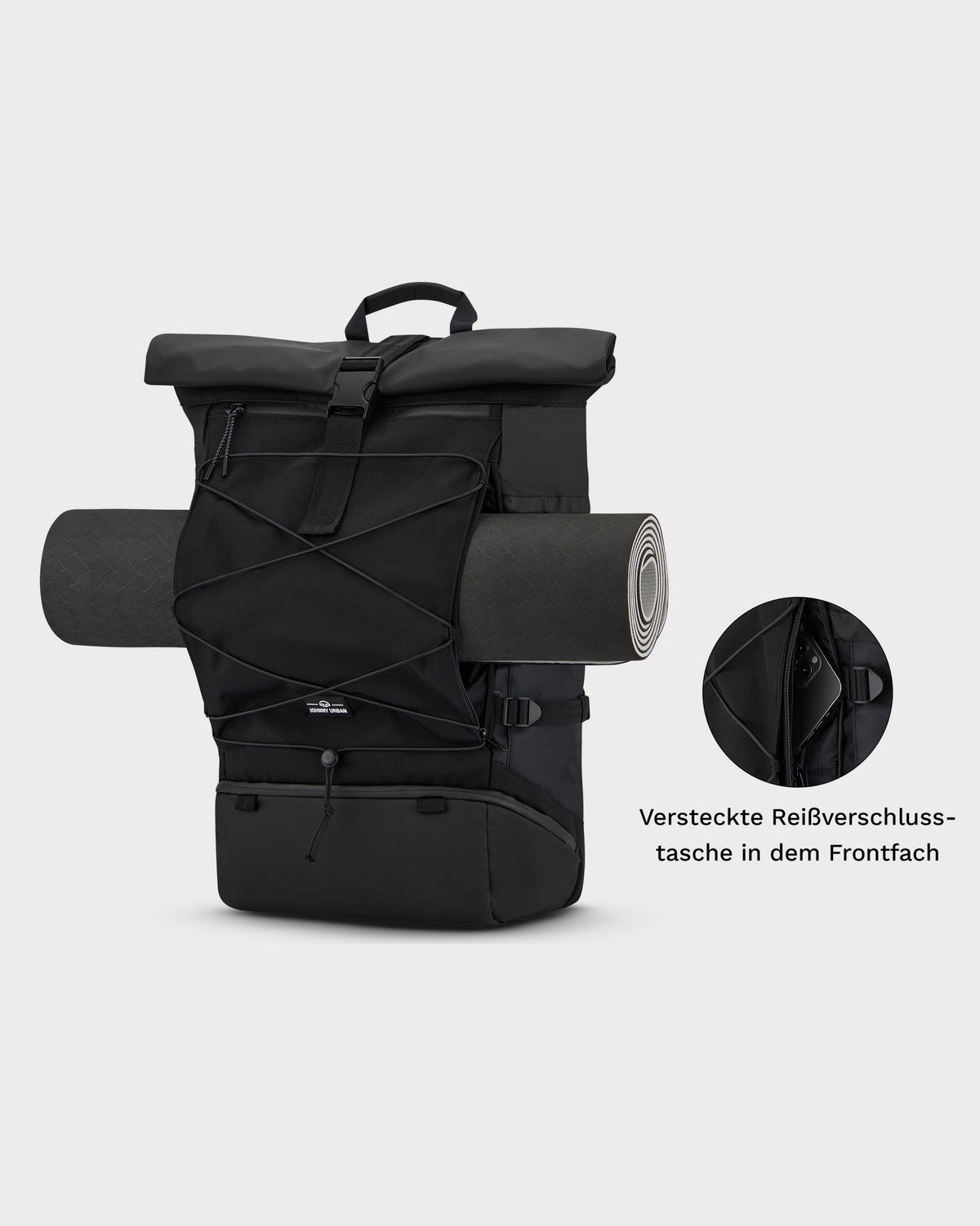 Schwarzer Reiserucksack Allen XL Travel mit aufgerollter Matte vorne und versteckter Reißverschlusstasche
