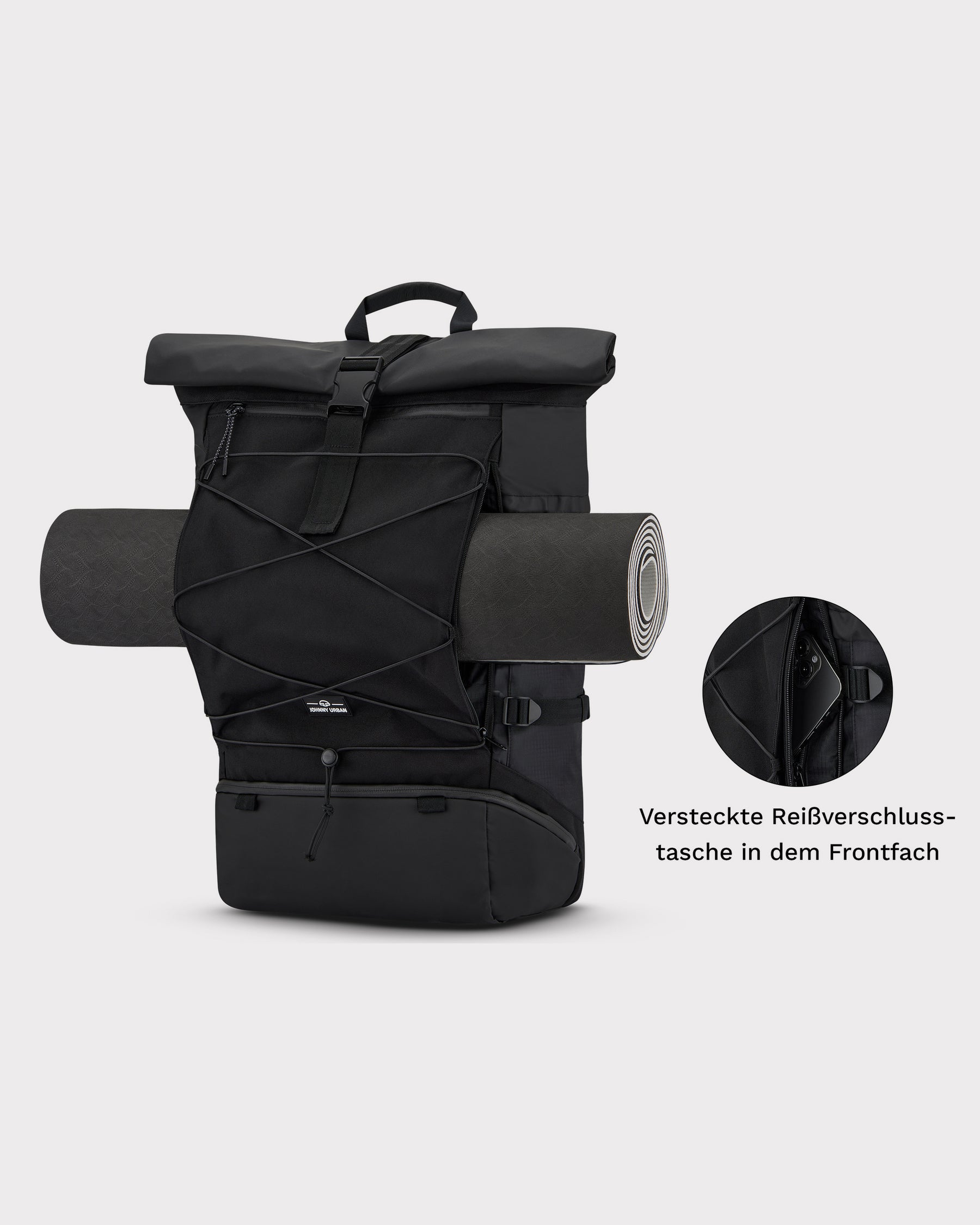 Schwarzer Reiserucksack Allen XL Travel mit aufgerollter Matte vorne und versteckter Reißverschlusstasche
