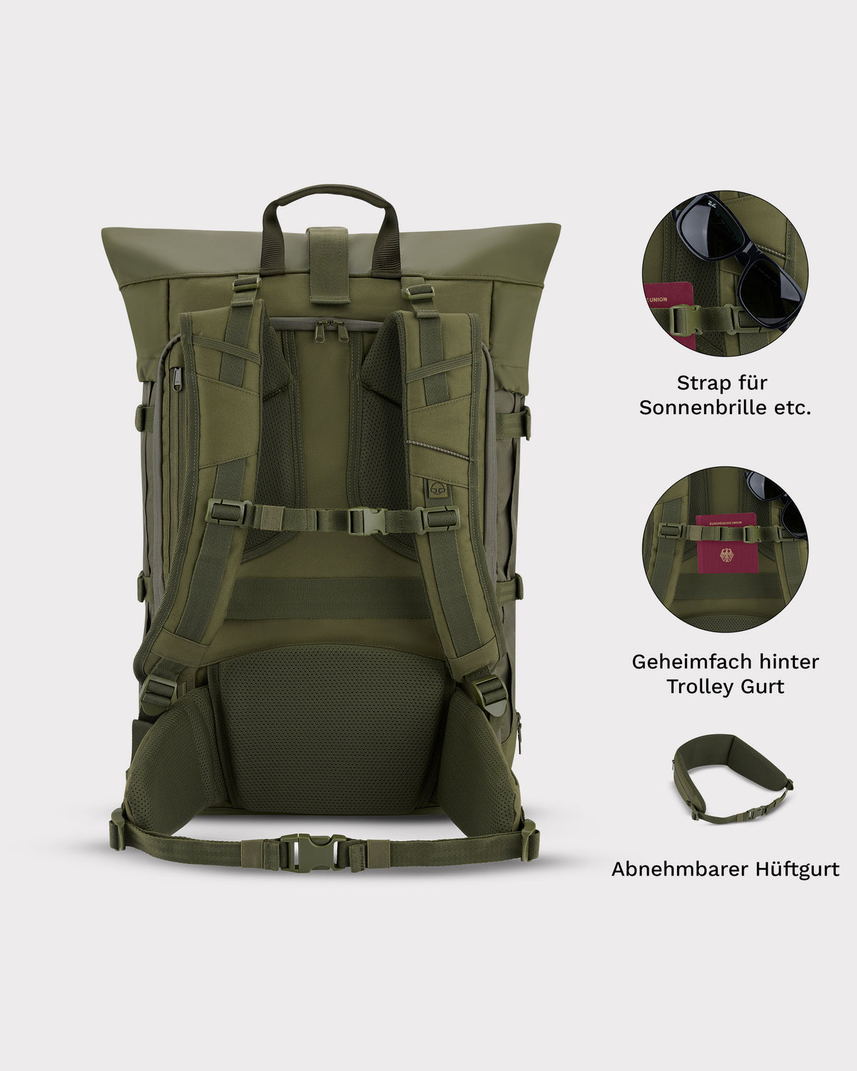 Grüner Johnny Urban Reiserucksack Allen XL Travel mit gepolsterten Schulterriemen, Hüftgurt, Sonnenbrillenhalterung und Geheimfach hinter Trolley-Gurt