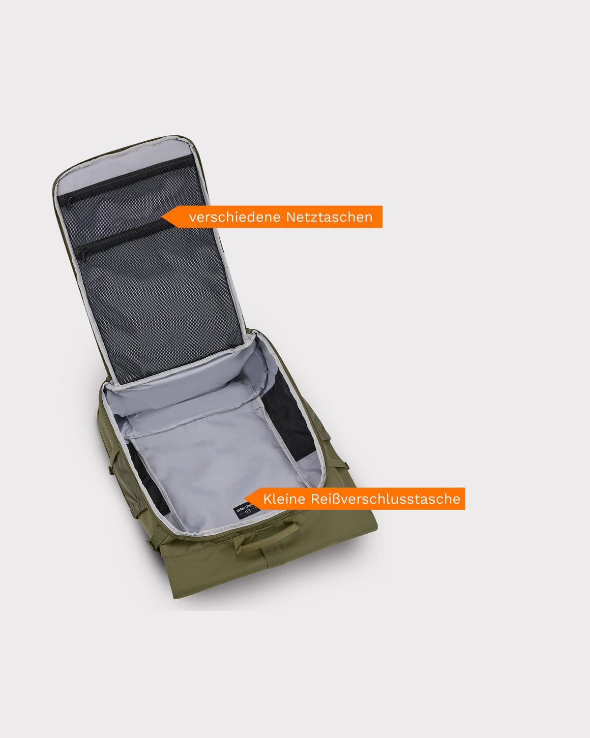 Offener olivgrüner Reiserucksack 'Allen Large Travel' mit grauem Innenfutter, verschiedenen Netztaschen im Deckel und kleiner Reißverschlusstasche