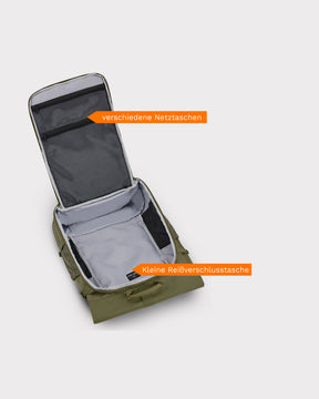 Offener olivgrüner Reiserucksack 'Allen Large Travel' mit grauem Innenfutter, verschiedenen Netztaschen im Deckel und kleiner Reißverschlusstasche