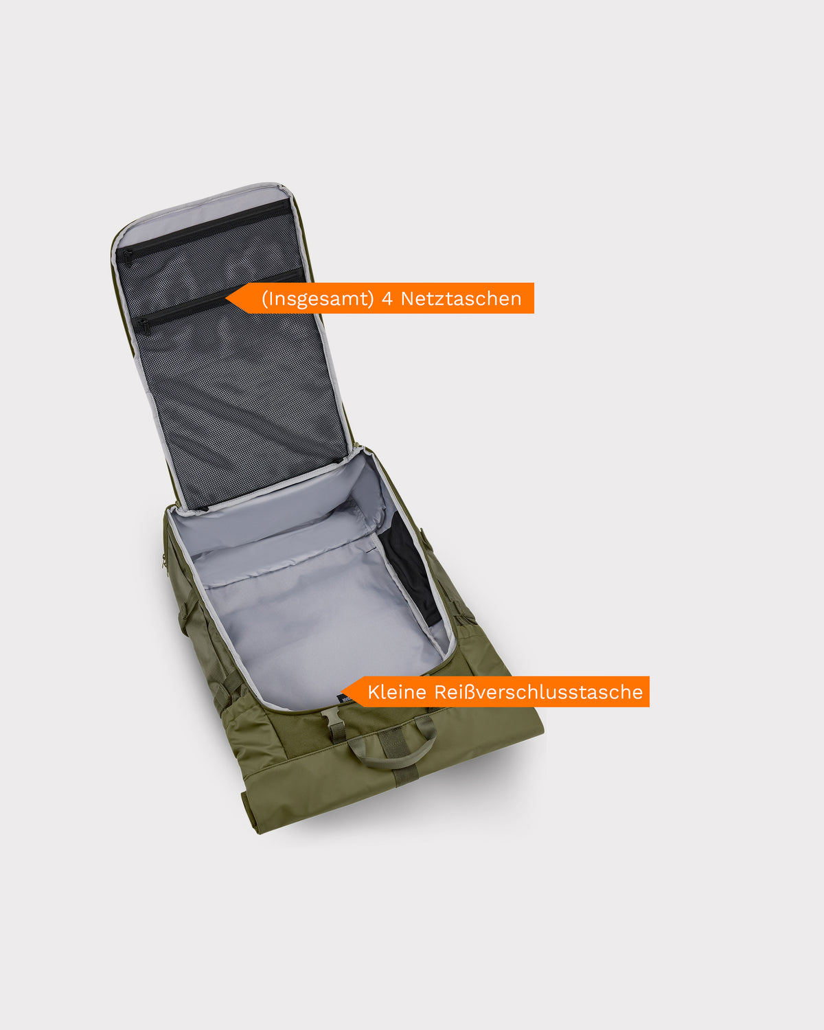 Olivefarbener Reiserucksack 'Allen XL Travel' geöffnet, mit 4 Netztaschen im Deckel und kleiner Reißverschlusstasche innen