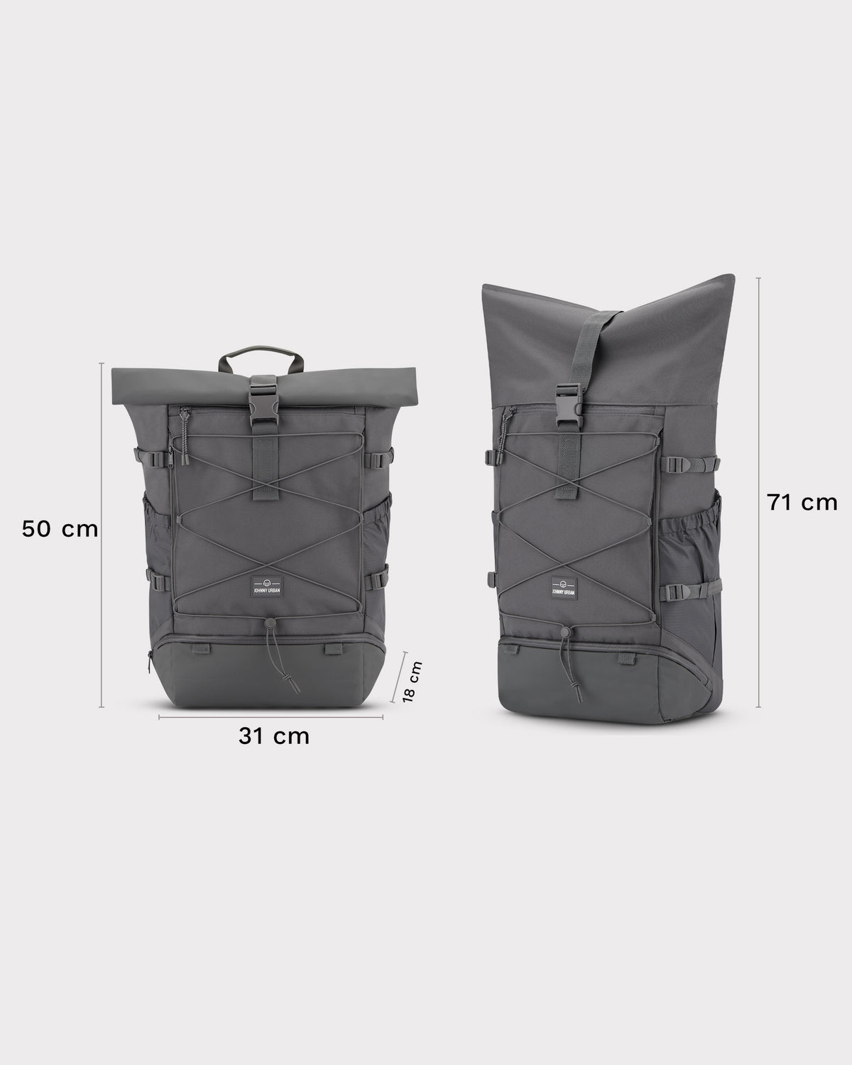 Großer grauer Johnny Urban Reiserucksack 'Allen Large Travel' mit Rolltop, Gurten und Frontgummizug, Maße 50x31x18 cm und 71 cm Höhe variabel