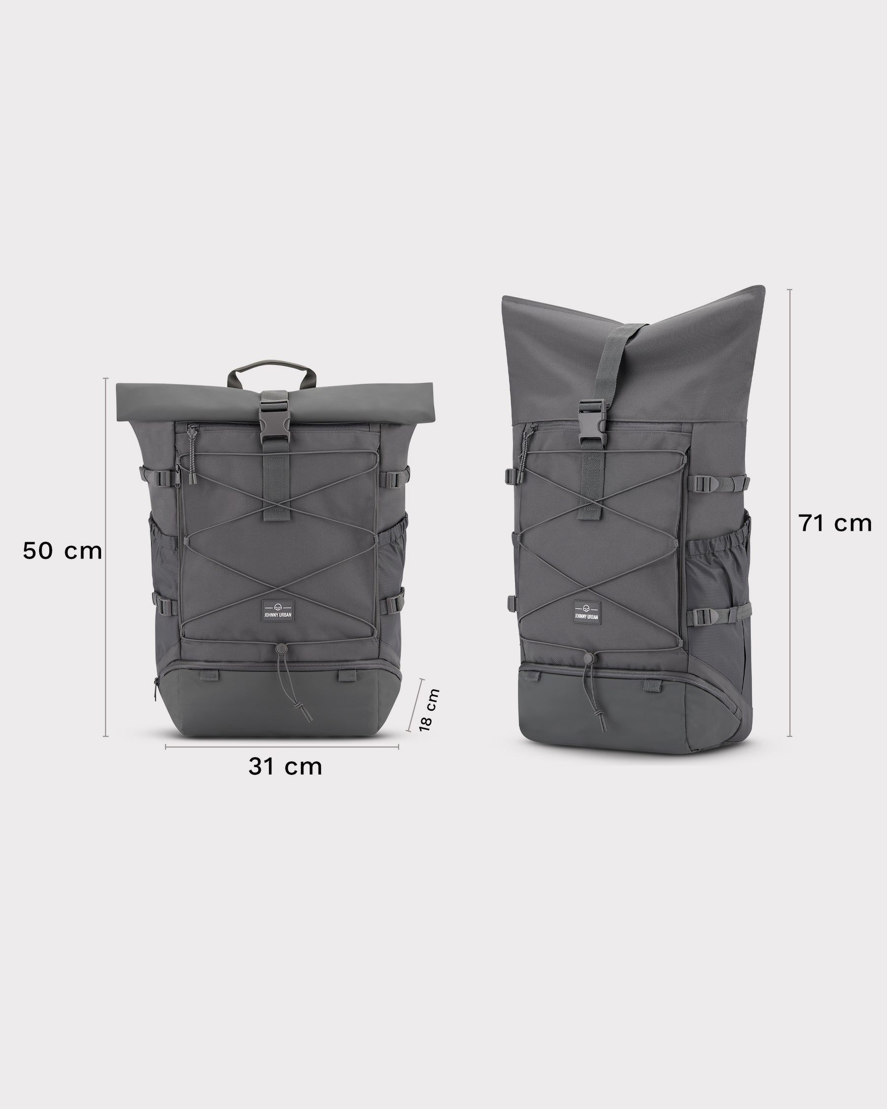 Großer grauer Johnny Urban Reiserucksack 'Allen Large Travel' mit Rolltop, Gurten und Frontgummizug, Maße 50x31x18 cm und 71 cm Höhe variabel