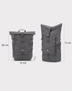 Großer grauer Johnny Urban Reiserucksack 'Allen Large Travel' mit Rolltop, Gurten und Frontgummizug, Maße 50x31x18 cm und 71 cm Höhe variabel