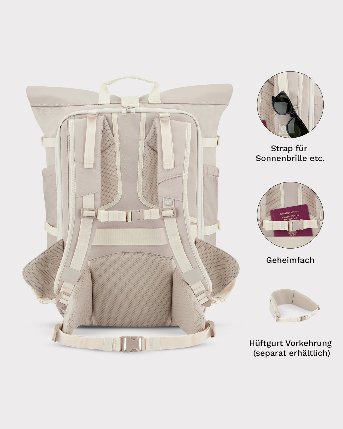 Beige Reiserucksack 'Allen Large Travel' von Johnny Urban mit gepolsterten Trägern, Geheimfach und separatem Hüftgurt