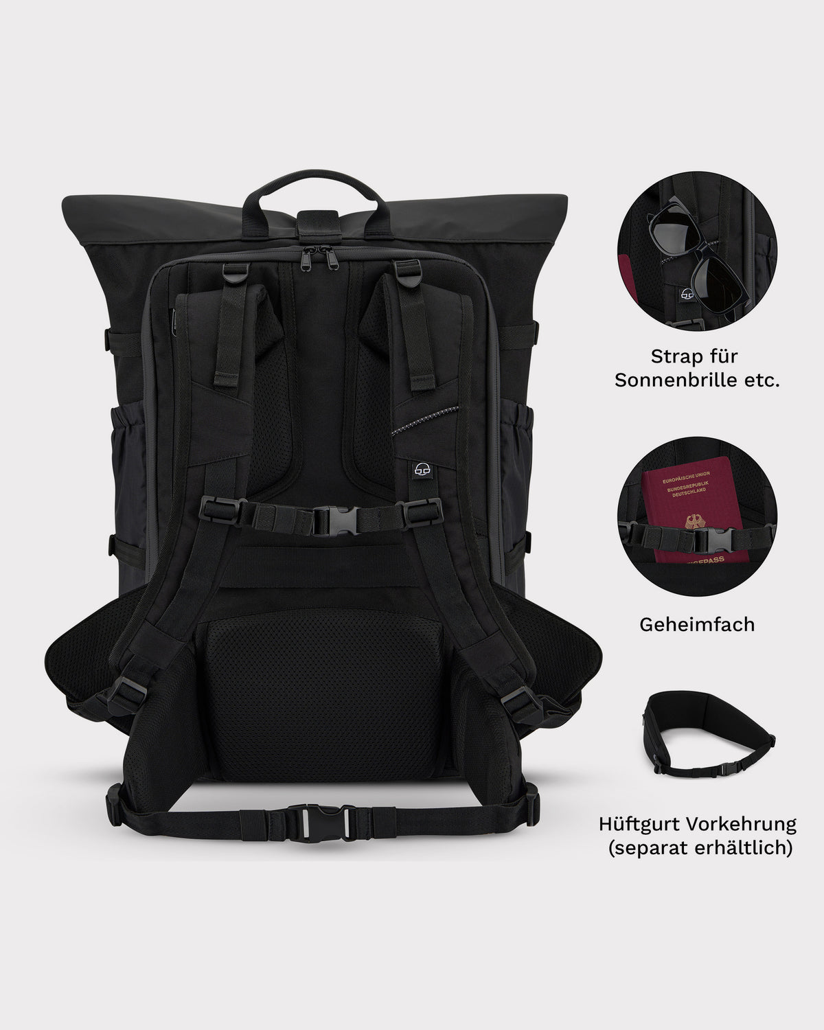 Schwarzer Reiserucksack 'Allen Large Travel' von Johnny Urban mit gepolsterten Schulter- und Hüftgurten, verstecktem Fach und Brillenhalterung.
