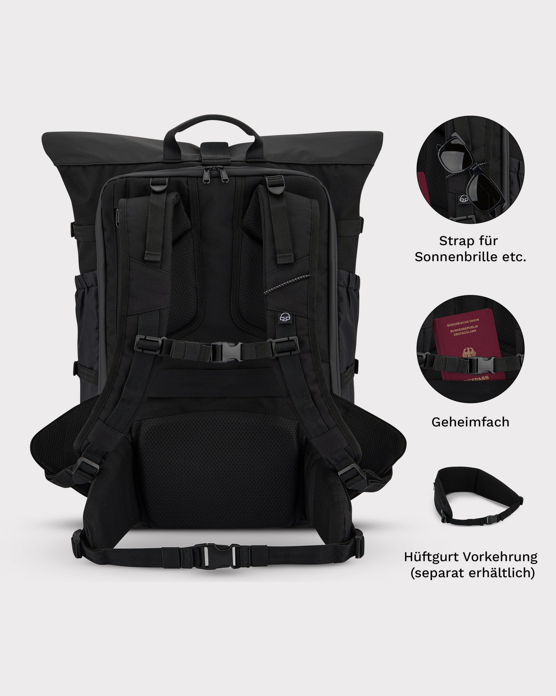 Schwarzer Reiserucksack 'Allen Large Travel' von Johnny Urban mit gepolsterten Schulter- und Hüftgurten, verstecktem Fach und Brillenhalterung.