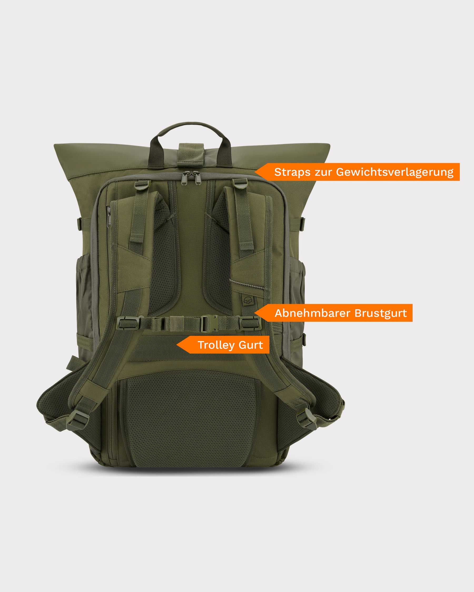 Grüner Reiserucksack 'Allen Large Travel' mit ergonomischem Rückensystem und Beschriftungen zu Gewichtsverlagerungs-Straps, abnehmbarem Brustgurt und Trolley-Gurt