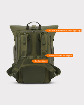 Grüner Reiserucksack 'Allen Large Travel' mit ergonomischem Rückensystem und Beschriftungen zu Gewichtsverlagerungs-Straps, abnehmbarem Brustgurt und Trolley-Gurt