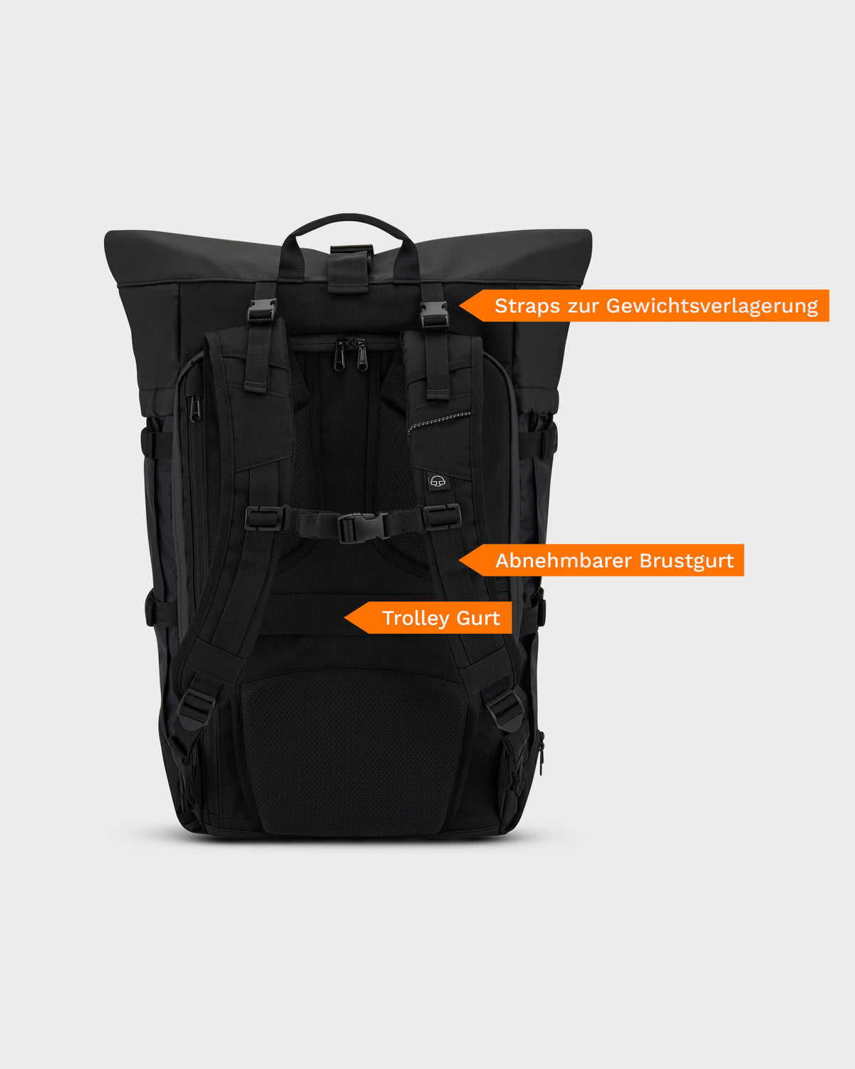 Schwarzer Johnny Urban Reiserucksack Allen XL Travel mit ergonomischem Design und Beschriftungen zu Straps zur Gewichtsverlagerung, abnehmbarem Brustgurt und Trolley Gurt