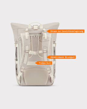 Beiger ergonomischer Reise-Rucksack Johnny Urban Allen XL Travel mit verstellbaren Tragegurten, Brustgurt und Trolley-Gurt