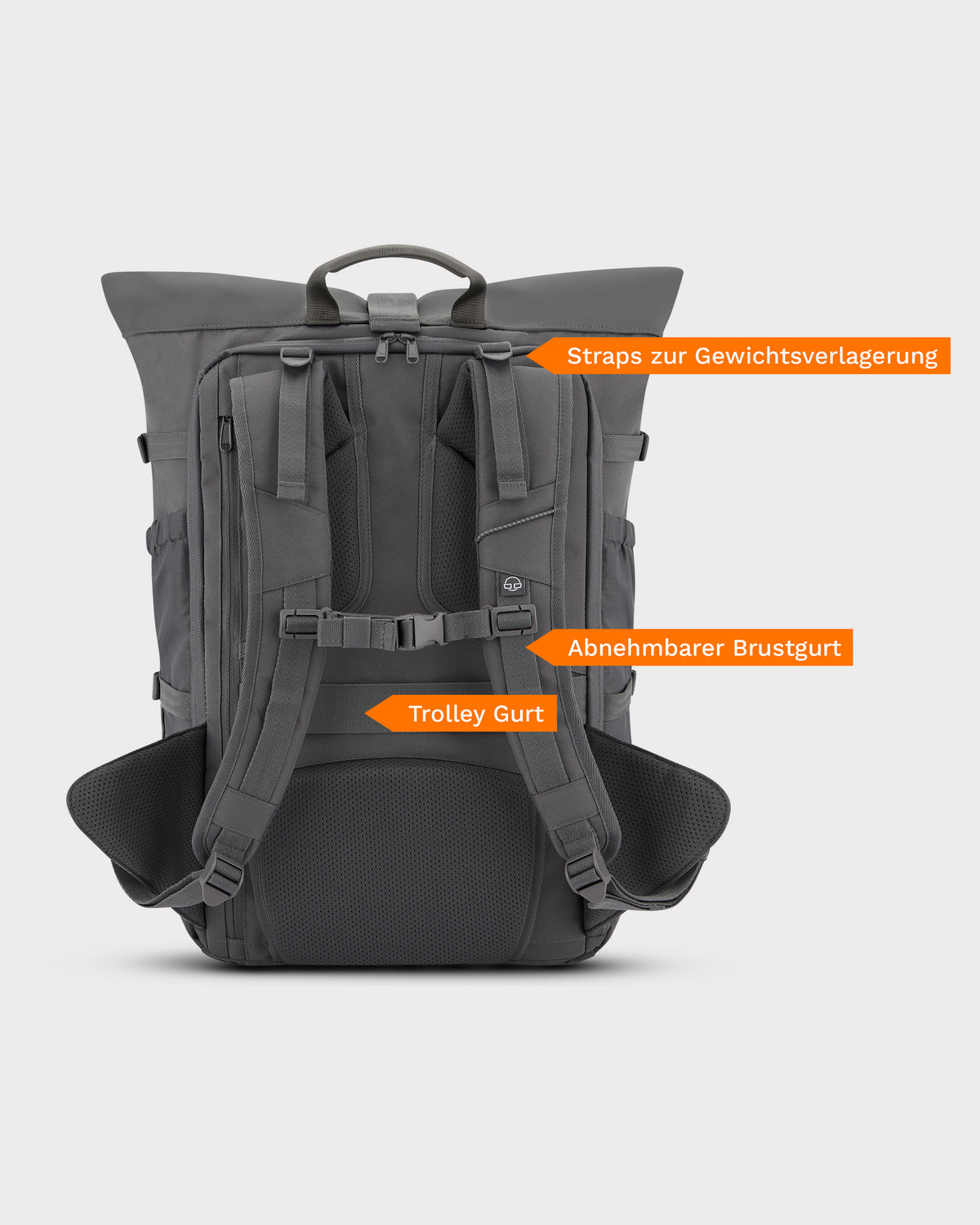 Rückseite des grauen Johnny Urban Reiserucksacks 'Allen Large Travel' mit gepolsterten Schulterriemen, abnehmbarem Brustgurt, Trolley-Gurt und Gewichtsverlagerungsstraps