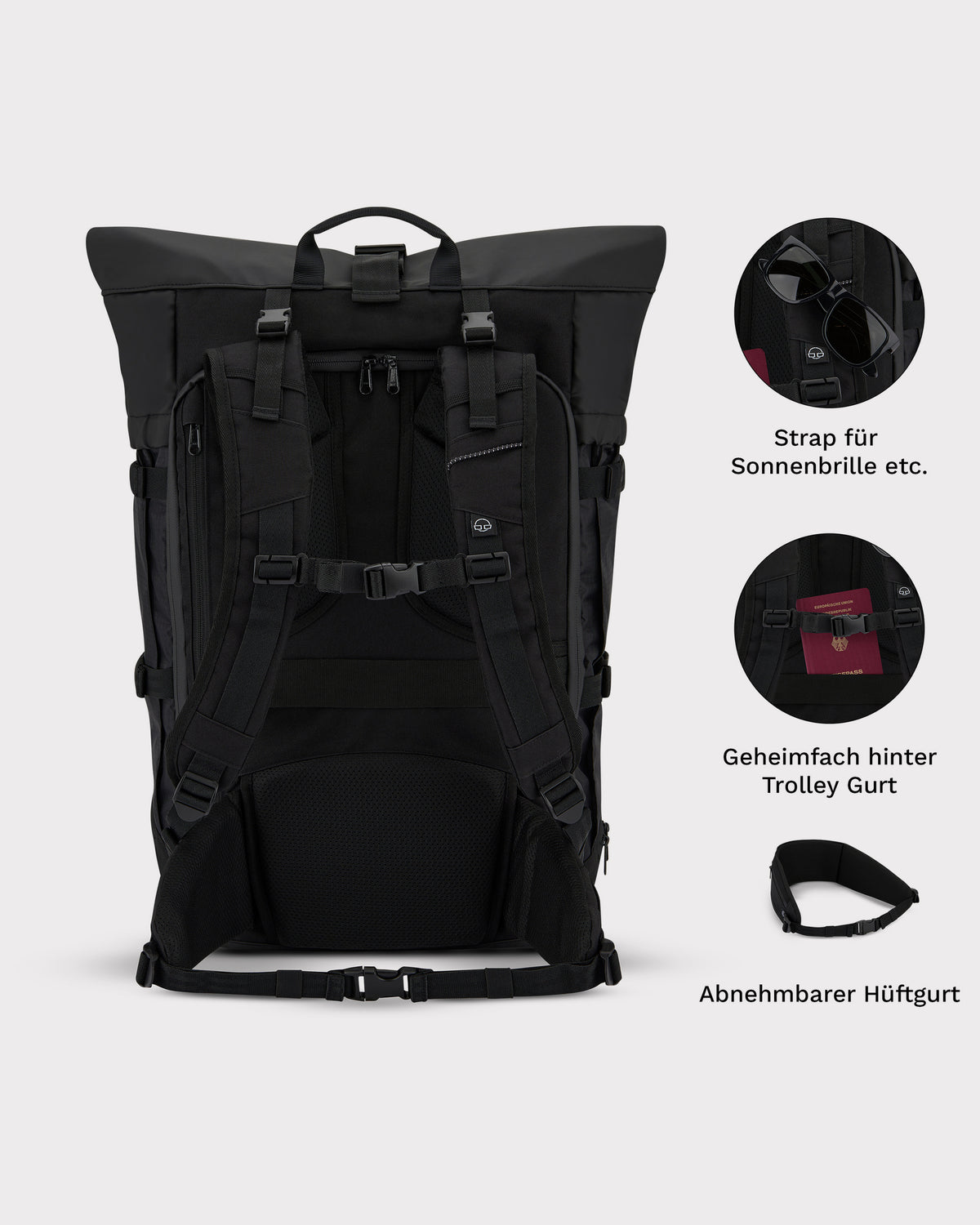 Schwarzer Reiserucksack Allen XL Travel mit gepolsterten Schulterriemen, Abnehmbarem Hüftgurt, Sonnenbrillenhalter und Geheimfach hinter Trolley-Gurt