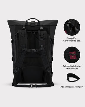 Schwarzer Reiserucksack Allen XL Travel mit gepolsterten Schulterriemen, Abnehmbarem Hüftgurt, Sonnenbrillenhalter und Geheimfach hinter Trolley-Gurt