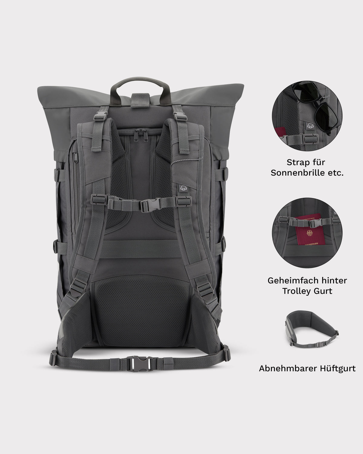 Rückansicht des dunkelgrauen Johnny Urban Reiserucksacks Allen XL Travel mit gepolsterten Schultergurten und Hüftgurt