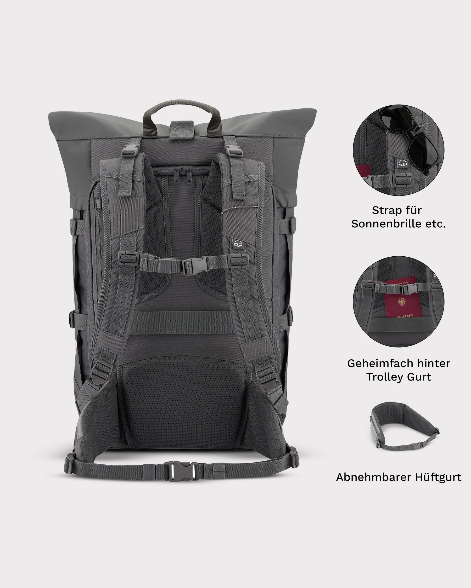 Rückansicht des dunkelgrauen Johnny Urban Reiserucksacks Allen XL Travel mit gepolsterten Schultergurten und Hüftgurt