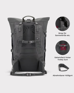 Rückansicht des dunkelgrauen Johnny Urban Reiserucksacks Allen XL Travel mit gepolsterten Schultergurten und Hüftgurt